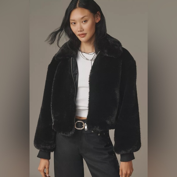 Anthropologie Maeve Crop Faux Fur Coat Black NWOT